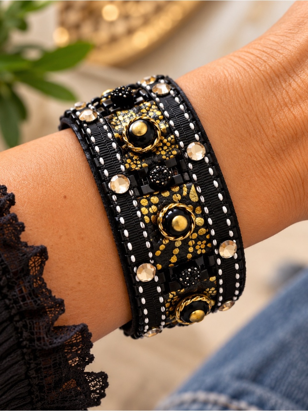 Handmade Black & Gold Cuff Bracelet | Rhinestone Statement Boho Jewelry